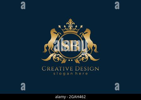 Stemma oro SB retro con cerchio e due cavalli, stemma con scroll e corona reale - perfetto per progetti di branding di lusso Illustrazione Vettoriale