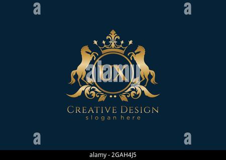 Cresta dorata UX retro con cerchio e due cavalli, modello badge con scroll e corona reale - perfetta per progetti di branding di lusso Illustrazione Vettoriale