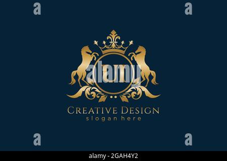 Cresta dorata UI retro con cerchio e due cavalli, modello badge con scroll e corona reale - perfetta per progetti di branding di lusso Illustrazione Vettoriale