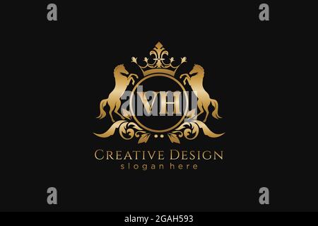 Cresta dorata VH retro con cerchio e due cavalli, modello badge con scroll e corona reale - perfetta per progetti di branding di lusso Illustrazione Vettoriale