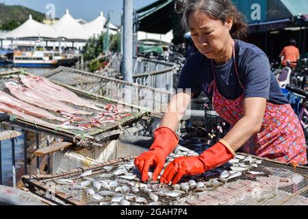 Hong Kong, Cina. 29 Ott 2018. Una donna ha visto disporre il pesce fresco su una rete per asciugarli al sole ad un'aria aperta nell'isola di Cheung Chau. (Foto di Andriy Andriyenko/SOPA Images/Sipa USA) Credit: Sipa USA/Alamy Live News Foto Stock