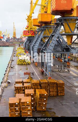 Odessa, Ucraina - 13 ottobre 2016: Gru per container nel terminal portuale cargo, gru cargo senza lavoro in un porto vuoto. Una crisi. Par. Predefinito Foto Stock