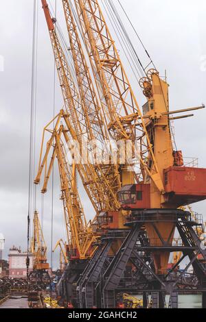 Odessa, Ucraina - 13 ottobre 2016: Gru per container nel terminal portuale cargo, gru cargo senza lavoro in un porto vuoto. Una crisi. Par. Predefinito Foto Stock