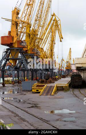 Odessa, Ucraina - 13 ottobre 2016: Gru per container nel terminal portuale cargo, gru cargo senza lavoro in un porto vuoto. Una crisi. Par. Predefinito Foto Stock