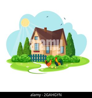 Accogliente casa di campagna con giardino frontale Illustrazione Vettoriale