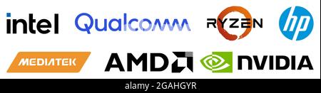 Vinnytsia, Ucraina - 30 luglio 2021. Migliori produttori di CPU. NVIDIA, Intel, AMD, Ryzen, Qualcomm, Hewlett-Packard, MediaTek Editorial Vector illustrati Illustrazione Vettoriale