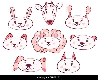 Set con simpatici e divertenti volti di diversi animali. Cool kawaii cartoon stampe per T-shirt, zaini, copertine, tazze. Immagine per imballaggio, logo Illustrazione Vettoriale