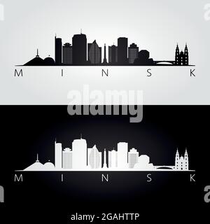 Profilo dello skyline e dei punti di riferimento di Minsk, design in bianco e nero, illustrazione vettoriale. Illustrazione Vettoriale