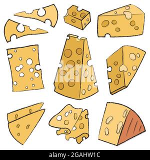 Grande collezione di icone lineari piatte con formaggi cartoni animati. Formaggio giallo duro con grandi buchi. Un pezzo, intero, a fette. Triangolare, quadrata, in pellicola rossa. Illustrazione Vettoriale