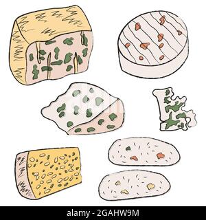 Grande collezione di semplici icone piatte lineari con formaggi. Set di formaggi bianchi molli italiani e francesi con muffa. Latticini popolari. Pezzo a fette. Illustrazione Vettoriale