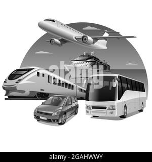 Illustrazione del trasporto di viaggio, aereo, autobus, treno, auto e incrociatore Illustrazione Vettoriale