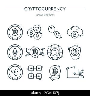 Raccolta di icone della linea di criptovaluta. Soldi virtuali. Illustrazione vettoriale. Illustrazione Vettoriale