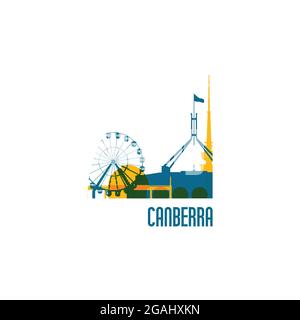 Emblema della città di Canberra. Edifici colorati. Illustrazione vettoriale. Illustrazione Vettoriale