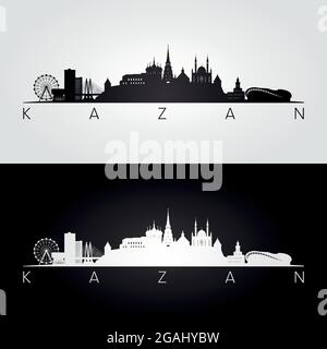 Skyline di Kazan e linee di riferimento, design in bianco e nero, illustrazione vettoriale. Illustrazione Vettoriale