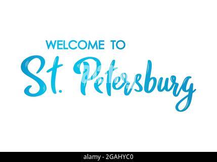 Benvenuto al banner con lettere di San Pietroburgo. Calligrafia a pennello disegnata a mano. Design con scritte colorate. Illustrazione vettoriale. Illustrazione Vettoriale