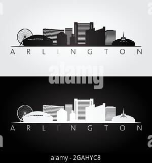 Arlington, Texas - sagoma dello skyline e dei punti di riferimento degli Stati Uniti, design in bianco e nero, illustrazione vettoriale. Illustrazione Vettoriale