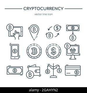 Collezione di icone della linea di criptovaluta. Insieme di icone vettoriali. Illustrazione Vettoriale