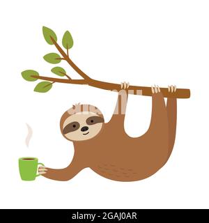 Cute sloth appendere sul ramoscello e sorreggere la tazza. Illustrazione Vettoriale