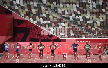 Tokyo, Giappone. 31 luglio 2021. Gli atleti si preparano per i 100 metri di manche ai Giochi Olimpici di Tokyo 2020, a Tokyo, Giappone, il 31 luglio 2021. Credit: Jia Yuchen/Xinhua/Alamy Live News Foto Stock