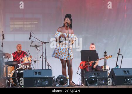 New York, NY, Stati Uniti. 30 luglio 2021. Amber Iman suona durante la Carnegie Hall in tutta la città: Adrienne Warren and Friends, tenutasi a Bryant Park, il 30 luglio 2021, a New York City. Credit: Joseph Marzullo/Media Punch/Alamy Live News Foto Stock