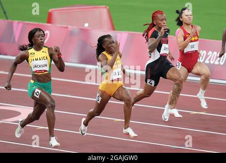 Tokyo, Giappone. 31 luglio 2021. Marie-Josee Ta Lou (2° L) della Costa d'Avorio compete durante la Semifinale femminile di 100 m ai Giochi Olimpici di Tokyo 2020 a Tokyo, Giappone, il 31 luglio 2021. Credit: Yibo/Xinhua/Alamy Live News Foto Stock