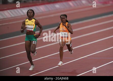 Tokyo, Giappone. 31 luglio 2021. 31 luglio 2021; Stadio Olimpico di Tokyo, Giappone: Tokyo 2020 Giochi olimpici estivi giorno 8; Womens 100m semi-finale calore 2 come TA LOU Marie-Josee (CIV) vince una gara serrata con JACKSON Shericka della Giamaica per i 2 punti di qualificazione per la finale Credit: Action Plus Sports Images/Alamy Live News Foto Stock