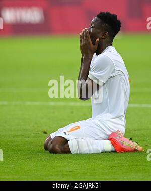 Miyagi, Giappone. 31 luglio 2021. Youssouf Dao della Costa d'Avorio reagisce durante la partita finale del calcio maschile tra la Spagna e la Costa d'Avorio ai Giochi Olimpici di Tokyo 2020 a Miyagi, Giappone, il 31 luglio 2021. Credit: LU Yang/Xinhua/Alamy Live News Foto Stock