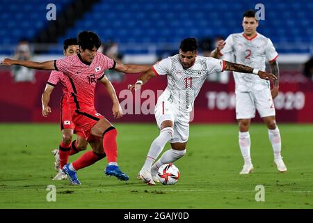 YOKOHAMA, GIAPPONE - 31 LUGLIO: Seol giovane-woo della Corea del Sud ed Ernesto Vega del Messico durante la Tokyo 2020 Olympic Mens Football Tournament Quarter finale di incontro tra Corea del Sud e Messico allo Stadio Internazionale Yokohama il 31 luglio 2021 a Yokohama, Giappone (Foto di Pablo Morano/Orange Pictures) Foto Stock