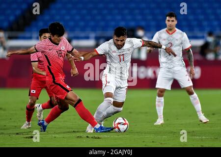 YOKOHAMA, GIAPPONE - 31 LUGLIO: Seol giovane-woo della Corea del Sud ed Ernesto Vega del Messico durante la Tokyo 2020 Olympic Mens Football Tournament Quarter finale di incontro tra Corea del Sud e Messico allo Stadio Internazionale Yokohama il 31 luglio 2021 a Yokohama, Giappone (Foto di Pablo Morano/Orange Pictures) Foto Stock