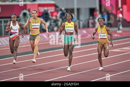 31 luglio 2021: Marie-Josee Ta Lou durante 100 metri per le donne alle Olimpiadi di Tokyo, stadio olimpico di Tokyo, Tokyo, Giappone}. Prezzo Kim/CSM Foto Stock