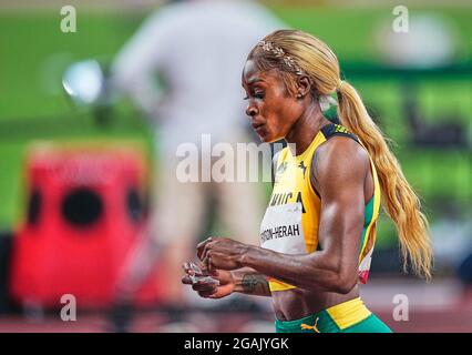 31 luglio 2021: Elaine Thompson-Herah durante 100 metri per le donne alle Olimpiadi di Tokyo, stadio olimpico di Tokyo, Tokyo, Giappone}. Prezzo Kim/CSM Foto Stock