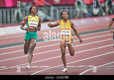 31 luglio 2021: Marie-Josee Ta Lou durante 100 metri per le donne alle Olimpiadi di Tokyo, stadio olimpico di Tokyo, Tokyo, Giappone}. Prezzo Kim/CSM Foto Stock