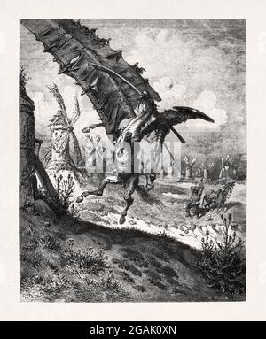 Disegno di Don Chisciotte contro i mulini a vento realizzato nel 1863 da Gustave Doré per illustrare una nuova edizione delle opere di Miguel de Cervantes Foto Stock