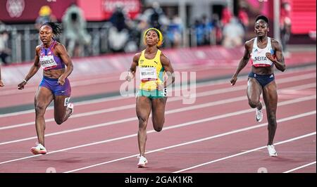 31 luglio 2021: Shelly-Ann Fraser-Pryce durante 100 metri per le donne alle Olimpiadi di Tokyo, stadio olimpico di Tokyo, Tokyo, Giappone}. Prezzo Kim/CSM Foto Stock