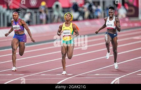 31 luglio 2021: Shelly-Ann Fraser-Pryce durante 100 metri per le donne alle Olimpiadi di Tokyo, stadio olimpico di Tokyo, Tokyo, Giappone}. Prezzo Kim/CSM Foto Stock