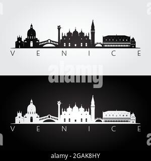 Skyline di Venezia e linee di riferimento, design in bianco e nero, illustrazione vettoriale. Illustrazione Vettoriale