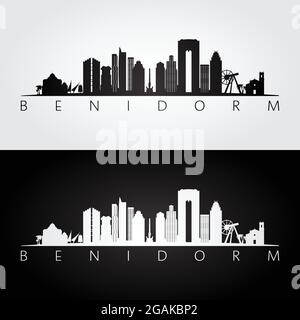 Profilo dello skyline e dei punti di riferimento di Benidorm, design in bianco e nero, illustrazione vettoriale. Illustrazione Vettoriale