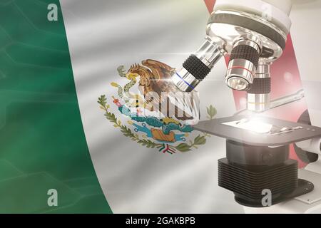 Messico scienza sviluppo concetto - microscopio su sfondo bandiera. Ricerca in genetica o vaccino illustrazione 3D di oggetto Foto Stock