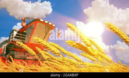 Mietitrebbia su campo di grano nelle giornate di sole . rendering 3D industriale digitale immaginario Foto Stock