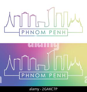 Phnom penh skyline. Stile lineare colorato. File vettoriale modificabile. Illustrazione Vettoriale