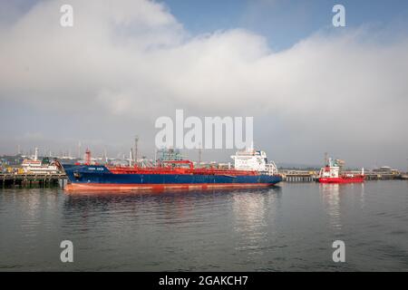 Serbatoio chimico olio 'LEON ZEUS', Fawley Oil Refinery Jetty, Hampshire, Southampton, Inghilterra, Regno Unito Foto Stock