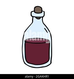 Icona disegnata a mano di vino, veleno o bevanda miracolosa. Etichetta Doodle con pozione alchemica in matraccio. Illustrazione vettoriale a colori Illustrazione Vettoriale
