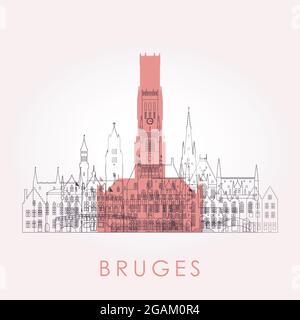 Delineare lo skyline di Bruges con i suoi punti di riferimento. Illustrazione vettoriale. Concetto di viaggio d'affari e turismo con edifici storici. Immagine per presentazione, banne Illustrazione Vettoriale