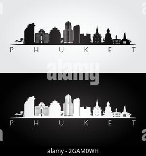 Profilo dello skyline di Phuket e dei punti di riferimento, design in bianco e nero, illustrazione vettoriale. Illustrazione Vettoriale