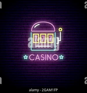 Segno al neon del Casino. Gioco d'azzardo emblema al neon, banner luminoso. Disegno pubblicitario. Cartello con luce notturna. Illustrazione vettoriale. Illustrazione Vettoriale