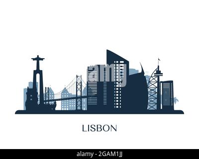 Skyline di Lisbona, silhouette monocromatica. Illustrazione vettoriale. Illustrazione Vettoriale