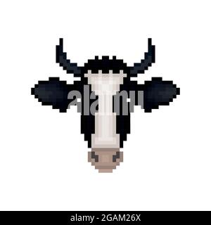 Icona Cow pixelated Cartoon. Design pixel. Mucca muso isolato su sfondo bianco. Illustrazione vettoriale. Illustrazione Vettoriale