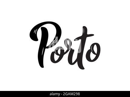 Porto calligrafia scritta a mano nome della città del Portogallo. Calligrafia a pennello disegnata a mano. Modello di disegno vettoriale. Illustrazione Vettoriale