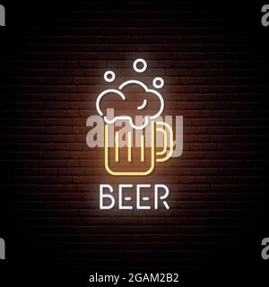 Cartello al neon della tazza da birra. Emblema al neon bar, banner luminoso. Disegno pubblicitario. Cartello con luce notturna. Illustrazione vettoriale. Illustrazione Vettoriale