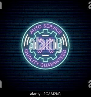 Segnale al neon di Auto Service. Emblema di servizio auto al neon, banner luminoso. Disegno pubblicitario. Cartello con luce notturna. Illustrazione vettoriale. Illustrazione Vettoriale